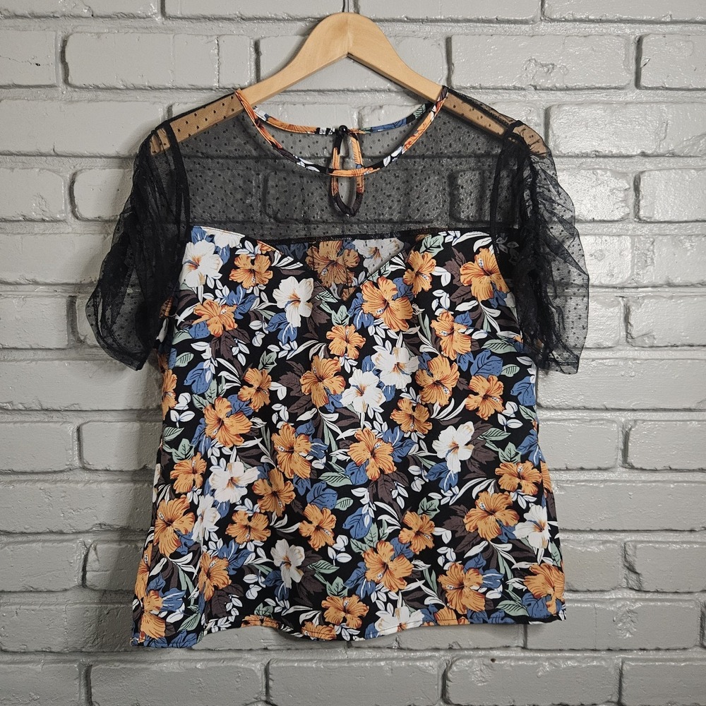Womens Top XL Floral Polka Dot Mesh Yoke‎ Puff Sleeve Festival Shirt